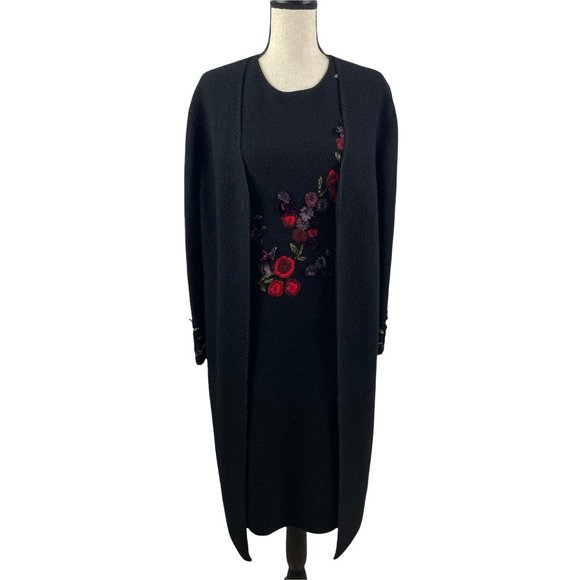 RICKIE FREEMAN TERI JON KNITWEAR FLORAL EMBROIDERED WOOL DRESS & DUSTER SET MED - Picture 1 of 14